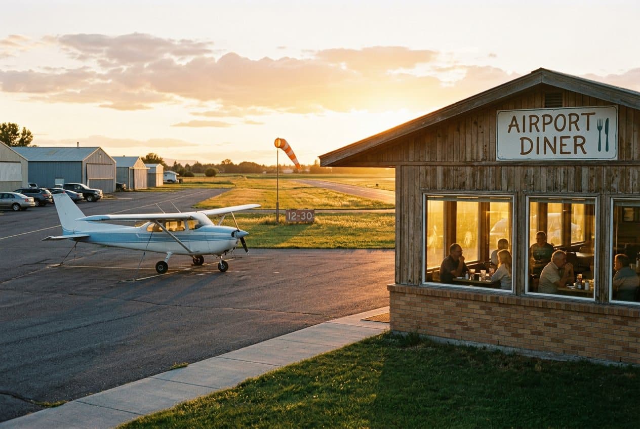 A small airplane parked outside an airport diner at golden hour