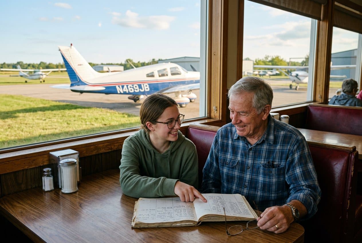 A paper logbook open on a diner table
