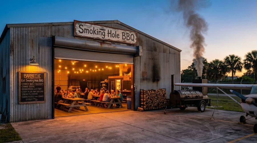 AI concept image: Smoke over the hangar, Smoking Hole BBQ