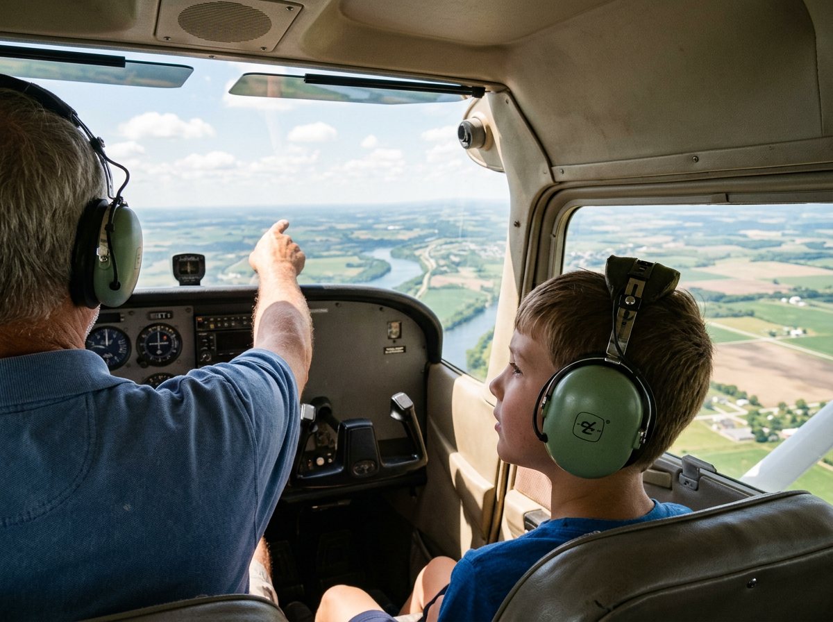 A pilot pointing out a river to a boy in a headset on his first airplane ride