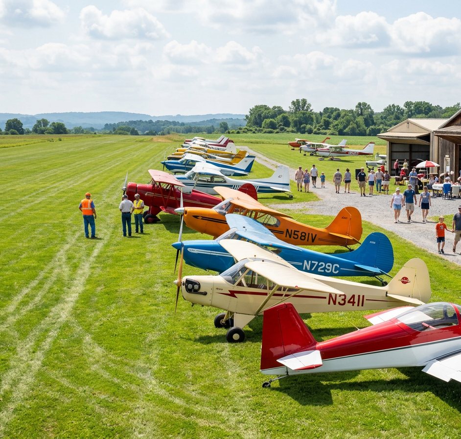 Small airplanes parked in a row on the grass at a fly-in breakfast