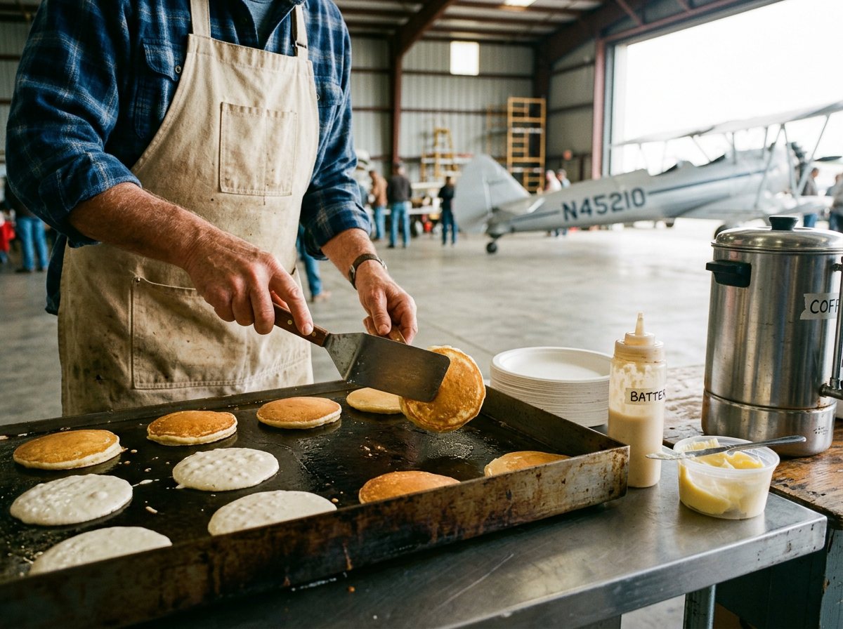 A volunteer flipping pancakes on a griddle inside a hangar