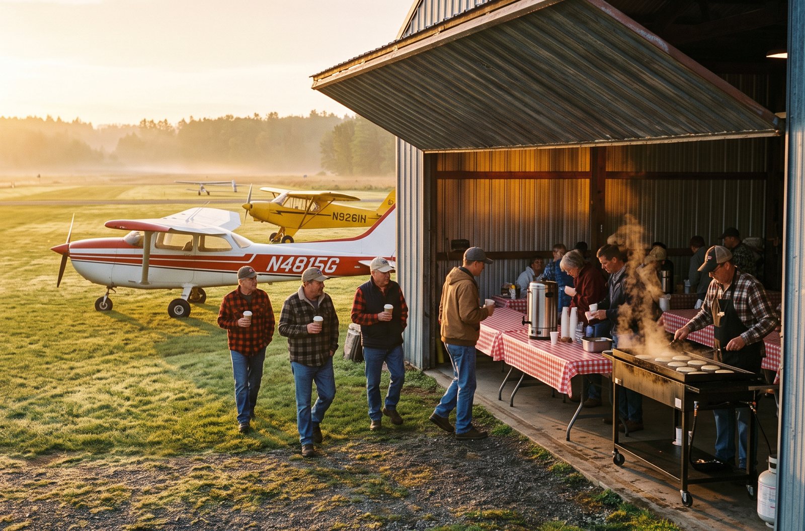 Pilots carrying coffee toward an open hangar where volunteers cook pancakes at sunrise