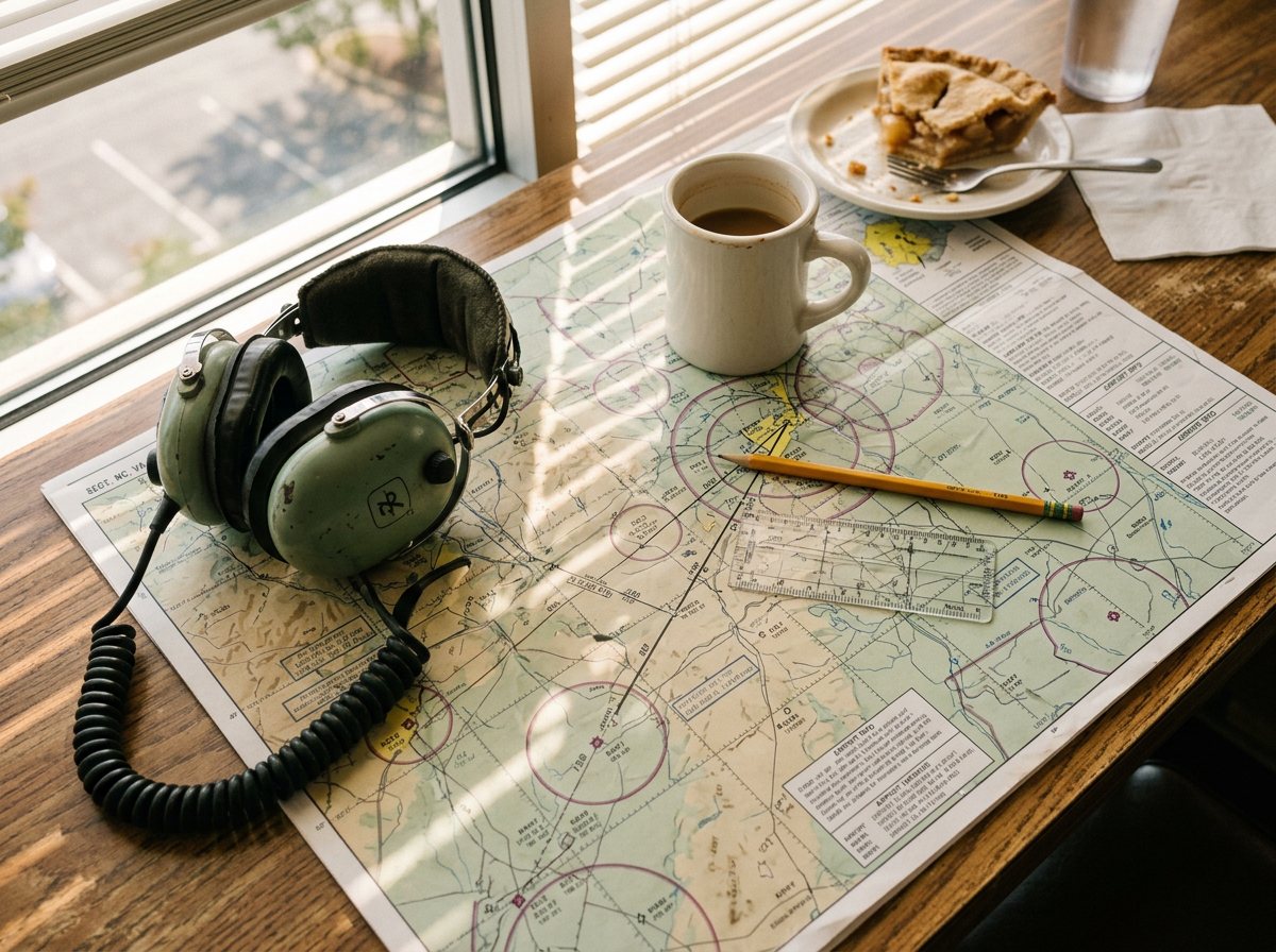 An aeronautical chart, headset, coffee and a slice of pie on a diner table
