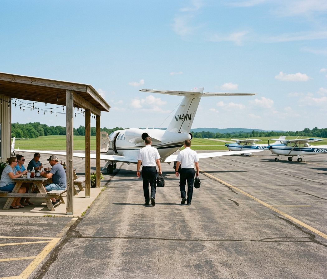 Two pilots walking from a small jet toward an airport cafe patio