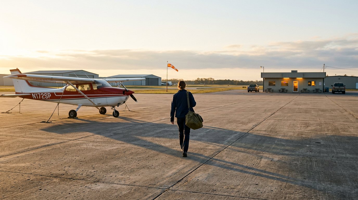 A pilot walking across the ramp toward a small airport cafe at sunrise